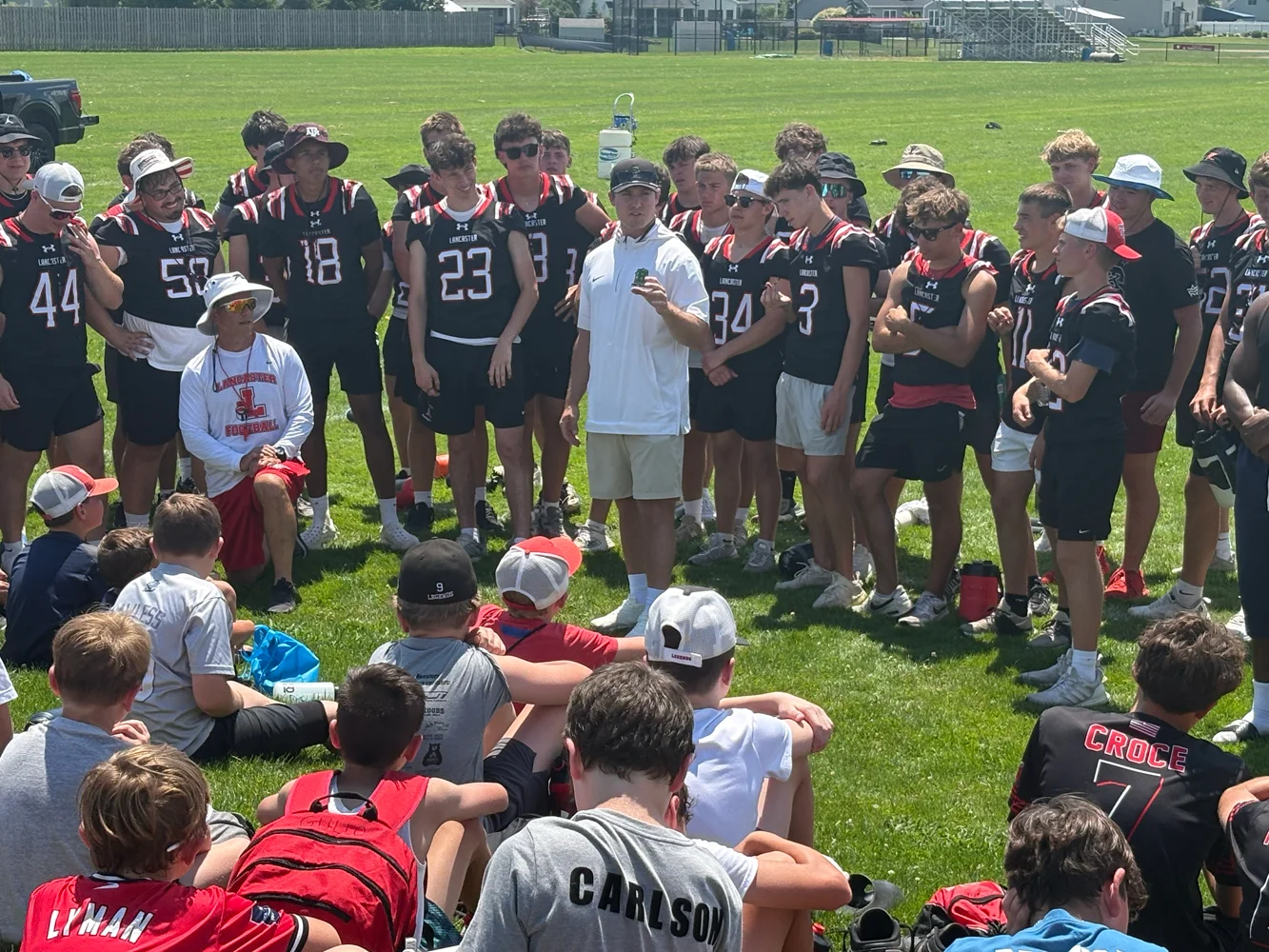 Coach Szymanski talking to the campers at the Lancaster Football Camp 2026