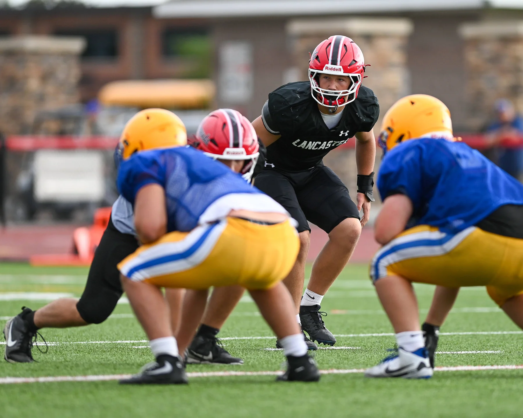 Linebacker looking for the snap of the ball at the Lancaster Football Scrimmage 2026